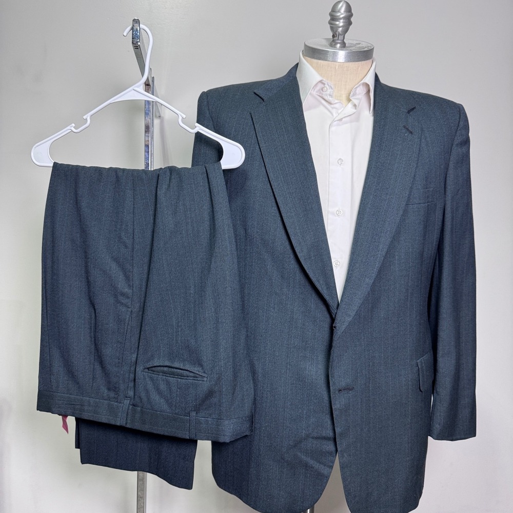 Kuppenheimer Suit Mens 44L 41x28 Charcoal Teal Green Pinstripe Vintage Wool